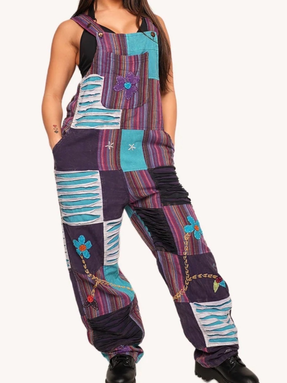 Iheartraves Colorful Patchwork Women’s Overalls - Purple/Turquoise